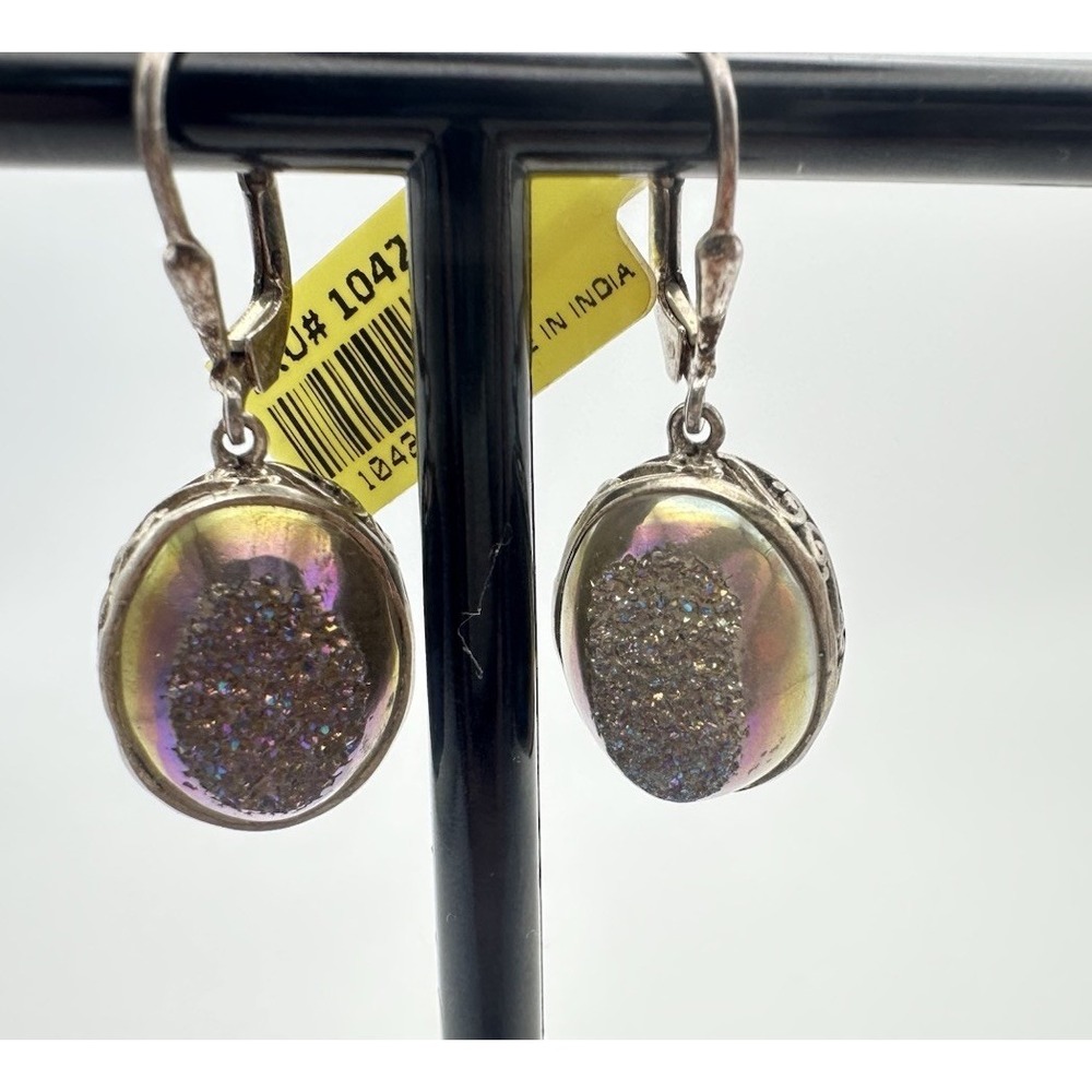 925 Sterling Silver Oval Druzy Leverback Dangle Earrings Iridescent Filigree